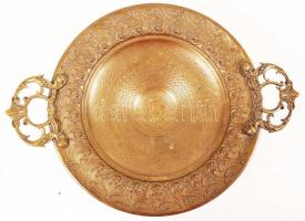 Antik gazdagon díszített réz kínálótál, m:9 cm, 34×26 cm