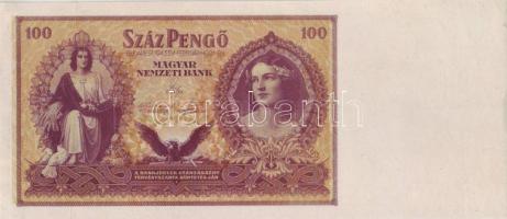 1943. 100P "Szálasi" jobb extra széles ívszéllel, előlapon erősen elcsúszott sárga alapnyomattal, kisebb gyári papírráncokkal! T:I