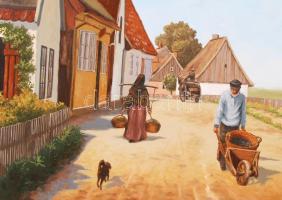 Balázs István (1960-): Falusi életkép. Olaj, farost, jelzett, 60×50 cm