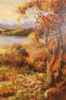 Dallos Ferenc (1928-2001): Kilátás a tóra. Olaj, farost, jelzett, szép keretben, 60×80 cm