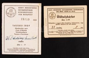 1938 Budapesten megrendezett XXXIV. Nemzetközi Eucharisztikus Kongresszusról tagsági jegy térképpel, ülőhely bérlettel