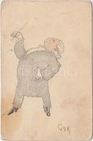 Old gentleman, hand drawn, artist signed, 1911 karmester, kézzel rajzolt, a művész aláírásával