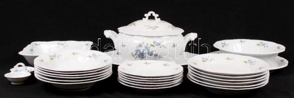 Zsolnay virág mintás készlet, egy tányéron apró lepattanás, jelzett, 24 db