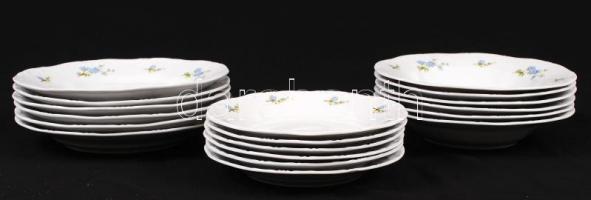 Zsolnay virág mintás készlet, egy tányéron apró lepattanás, jelzett, 24 db