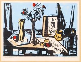 Gera Éva (1923-1996):Csendélet. Színezett linó, papír, jelzett, üvegezett keretben, 25×32 cm