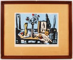 Gera Éva (1923-1996):Csendélet. Színezett linó, papír, jelzett, üvegezett keretben, 25×32 cm