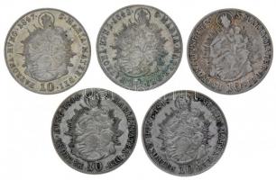 1842B, 1845B, 1846B, 1847B, 1848B 10Kr Ag "V. Ferdinánd" 5db klf évszám, Körmöcbánya T:veg...