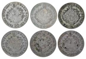 1840B, 1841B, 1845B, 1846B, 1847B, 1848B 20Kr Ag "V. Ferdinánd" 6db klf évszám, Körmöcbány...