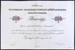 Gyöngyös 1921. "Westphalen-Auersperg Visontai Szőlő Uradalom Részvénytársaság" részvénye 200K-ról, hátlapon írás T:II