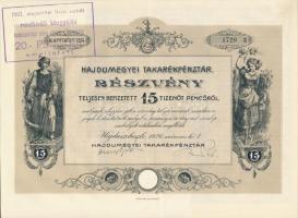 Hajdúszoboszló 1926. "Hajdúmegyei Takarékpénztár" részvény 15P-ről szelvényekkel, "20P-re emeltetett" pecséttel T:I-