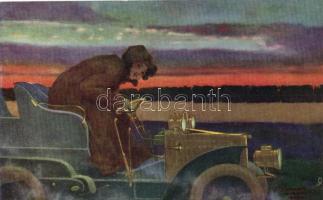 'Flashing Motorists. Connoisseur Postcard 2709.' automobile, Raphael Tuck Oilette s: Raphael Kirchner