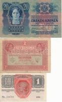 1916. 1K zöld "Deutschösterreich" felülbélyegzéssel + 1917. 2K + 1913. 20K román felülbély...