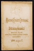 1896 Magyar Királyi Operaház. Díszelőadás a Magyar Állam ezer éves fennállásának ünnepe alkalmából. Bp., 1896. Rigler József. 47 p. A millenniumi állami ünnepség csúcspontja Erkel Ferenc operájának díszelőadása volt. Az opera négynyelvű szövegkönyve, színlappal. Aranyozott félvászon kötésben, dombornyomásos papírborítóban, aranyozott élekkel. A borítón néhány folt, de belül kifogástalan állapotban. / 1896 Millenium of the Hungarian State. Text book in 4 languages 47p. with ornamented cover. 15x23 cm