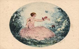 Erotic art postcard, lady and birds s: J. Hardy (EK)