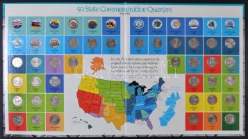 Amerikai Egyesült Államok 1999-2008. 1/4$ (50x) 50 állam negyed dolláros emlékérmei tablón T:vegyes USA 1999-2008. 1/4 Dollar (50x) 50 State Commemorative Quarters in tableau C:mixed
