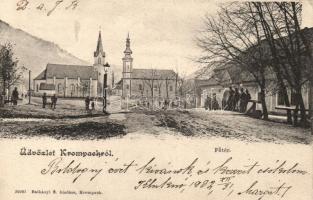 Korompa, Krompach; Főtér, templomok; Balkányi S. kiadása / main square