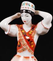 Hollóházi néptáncos, kézzel festett, jelzett, hibátlan, m:28 cm /Handpainted Hollóháza chinaware fig...