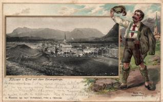 Kössen in Tirol mit dem Kaisergebirge; O. Blaschke Serie IX. Bauernbube Emb. litho (EK)