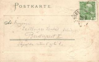 Kössen in Tirol mit dem Kaisergebirge; O. Blaschke Serie IX. Bauernbube Emb. litho (EK)