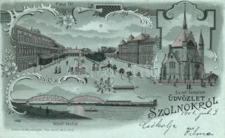 Szolnok, Piactér, Evangélikus templom, Vasúti híd, ezüstözött díszítésű képeslap, Art Nouveau, litho (fa)