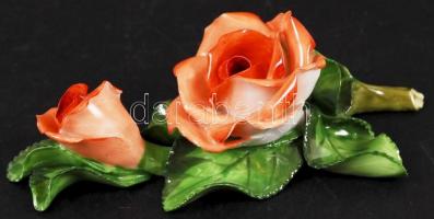 Herendi porcelán leveles rózsa, kézzel festett, mini lepattanássokkal, jelzett, h: 14 cm