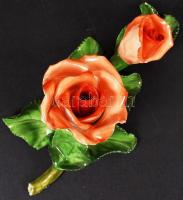 Herendi porcelán leveles rózsa, kézzel festett, mini lepattanássokkal, jelzett, h: 14 cm