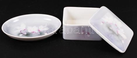 Herendi porcelán tálka és dobozka, hibátlan, jelzett (csak mélynyomás), tálka: 12x9 cm, doboz: 9x9 c...