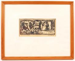 Seres János (1920-2004): Krumpliszedők. Linó, papír, jelzett, üvegezett keretben, 11×26 cm