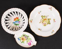 Herendi virágmintás tálkák, kézzel festett, hibátlan, jelzett, d: 10, 12 cm és 9x6 cm