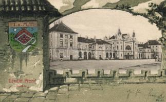 Pécs, Vasútállomás, címer / coat of arms litho (EK)