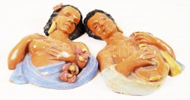 Art-deco férfi-nő páros fali kerámia, kis sérüléssel, jelzett, 23x18 cm