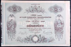 Kiskőrös 1930. "Az Első Dunavidéki Takarékpénztár" részvénye 50P-ről szárazpecséttel szelvényekkel T:I-