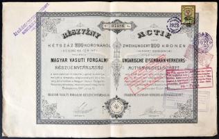 Budapest 1897. Magyar Vasúti Forgalmi Részvénytársaság részvénye 200K-ról, bélyeggel és felülbélyegzésekkel T:II