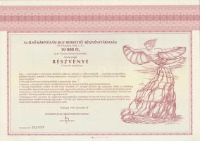 Budapest 1991. "Pharmafontana Budapest Gyógyszerellátó Vállalat" névre szóló vagyonjegy 10.000Ft-ról + 1993. "Az Első Kárpótlási Jegy Befektető Rt." 10.000Ft értékű részvénye lyukasztva, szelvényekkel T:I