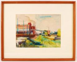 Kováts Béla: Timföldgyár. Akvarell, papír, jelzett, üvegezett keretben, 28×38 cm