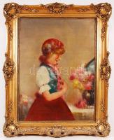 Pirhalla Nándor (1884-?): Kislány a virágcsokornál. Olaj, vászon, jelzett, antik keretben, 80×60 cm