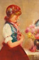 Pirhalla Nándor (1884-?): Kislány a virágcsokornál. Olaj, vászon, jelzett, antik keretben, 80×60 cm