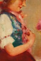 Pirhalla Nándor (1884-?): Kislány a virágcsokornál. Olaj, vászon, jelzett, antik keretben, 80×60 cm