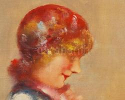 Pirhalla Nándor (1884-?): Kislány a virágcsokornál. Olaj, vászon, jelzett, antik keretben, 80×60 cm