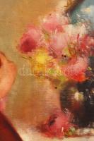 Pirhalla Nándor (1884-?): Kislány a virágcsokornál. Olaj, vászon, jelzett, antik keretben, 80×60 cm