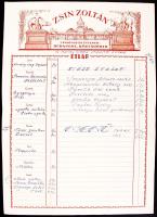 1940 Bp., IX. Zsin Zoltán vendéglő és étterem reklámos fejléces számlája