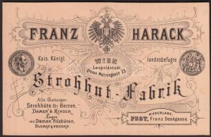 1876 Bp., V. Harack Ferenc szalmakalap készítő reklámos fejléces számlája