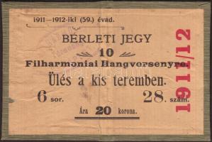1911-1912 Filharmoniai Társaság hangverseny bérleti jegye