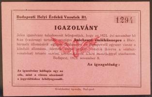 1925 Budapesti Helyi Érdekü Vasutak Rt. Igazolvány