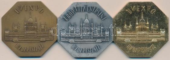 1972. "I. Bor Világverseny - Budapest" (3x) nyolcszögletű, aranyozott, ezüstözött és Br em...