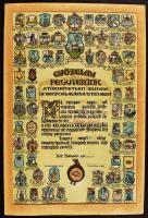 1925 Országos Magyar Hadimúzeum Egyesület Nemzeti Ereklye sorszámozott, névre szóló. Nagy-Magyarország valamennyi vármegyéjének földjéből származó földet tartalmazó emlék. Címereket is bemutató, kissé fakult kép 28x42 cm