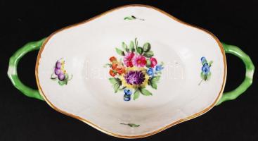 Herendi virágmintás füles porcelán tálka, hibátlan, jelzett, 16x9 cm