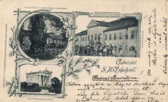 1899 Sátoraljaújhely, Vármegyeház, Kazinczy Mauzóleum, Rákóczi szülőháza Borsiban, floral; kiadja Lőwy Adolf