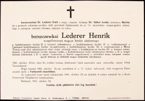 1941 borszczewkai Lederer Henrik nyugállományú magyar királyi altábornagy halotti értesítője