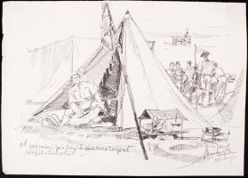 Márton Ferenc (1884-1940): 1933 Jamboree: A Debreczeni báró Eötvös József cserkészcsapat. Részlet a táborból. Ceruza, papír, jelzett, 21×29 cm /Scout graphic, pencil, paper, signed